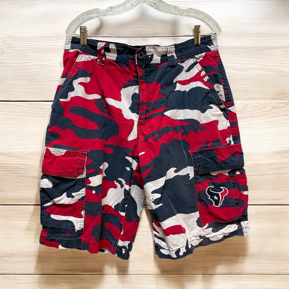 NFL Houston Texans Cargo Shorts Camo Red White Blue Embroidered Logo Sz 34